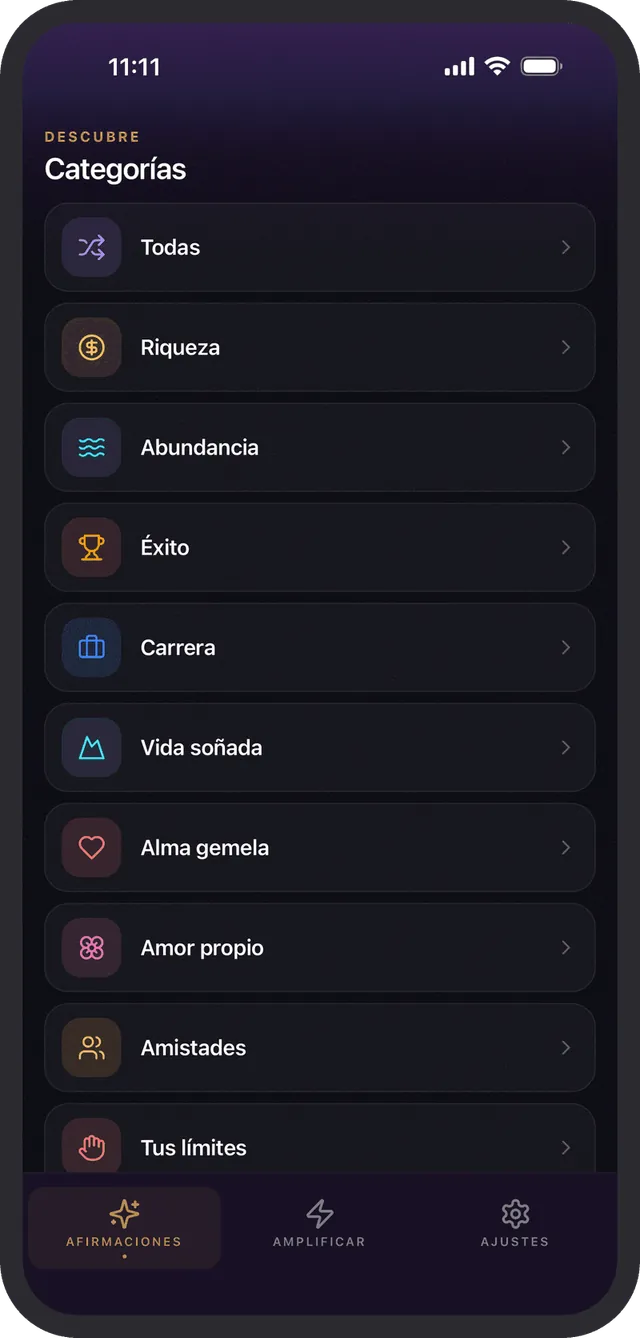 Afirmaciones para cada meta, por categoría