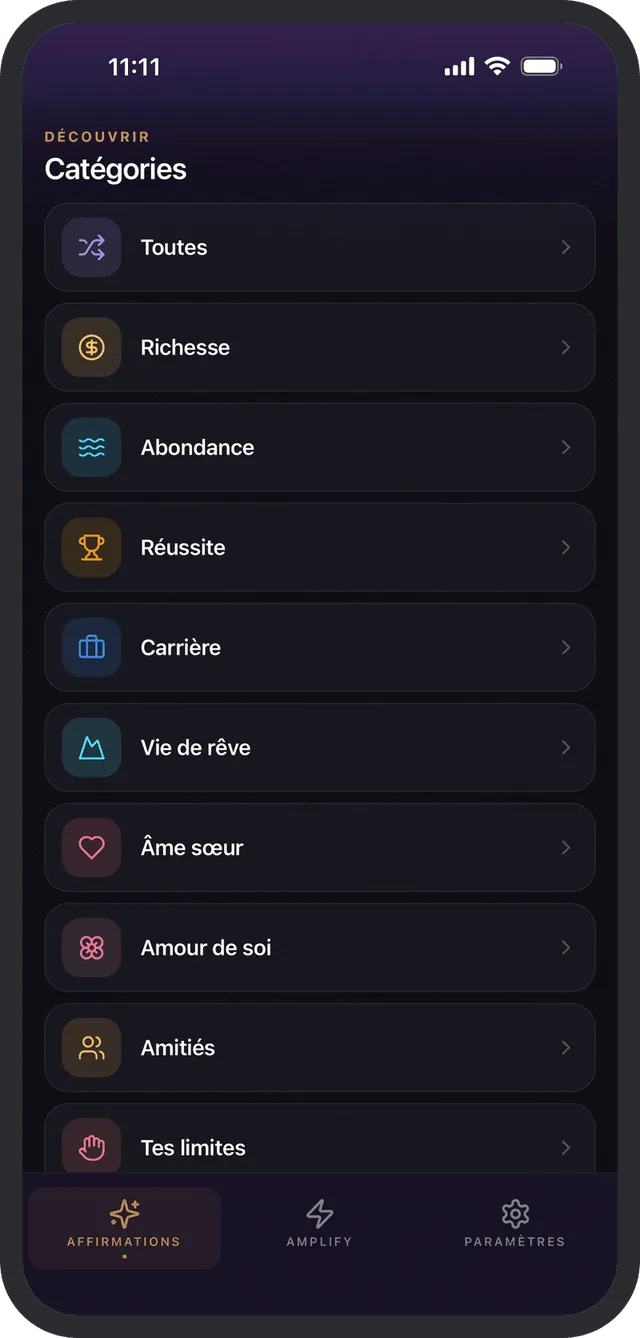 Des affirmations pour chaque objectif, par catégorie