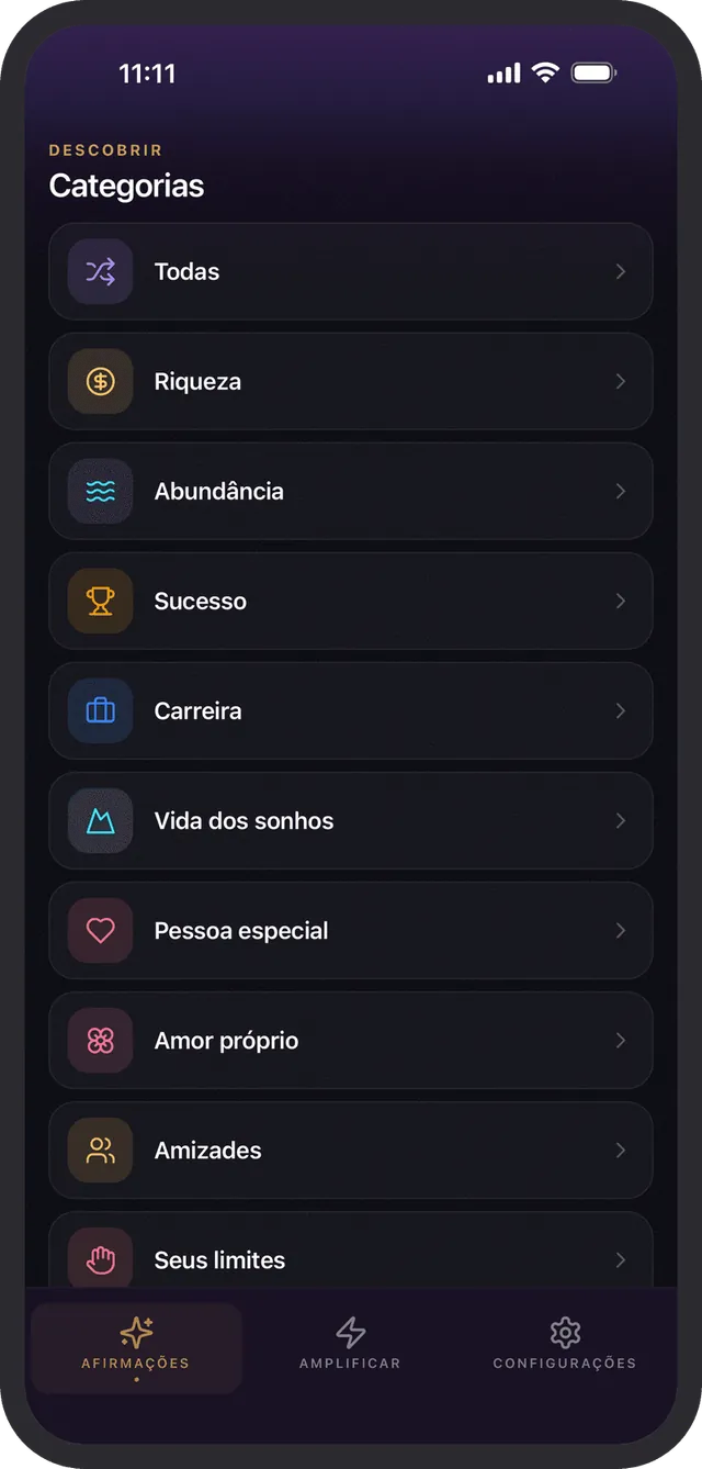 Afirmações para cada objetivo, por categoria